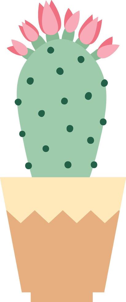 Light green cactus with pink flowers growing on top, placed in a terracotta pot with a zig zag edge, isolated on a white background, representing growth, nature, and home decoration vector