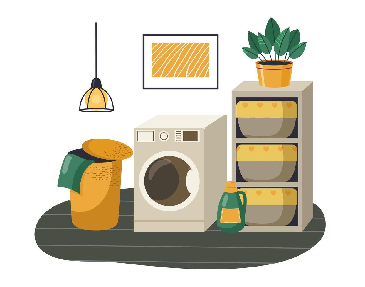 Modern laundry room setup with washing machine and basket, storage shelves, detergent bottle and houseplant. Organization and hygiene theme. Flat cartoon illustration vector