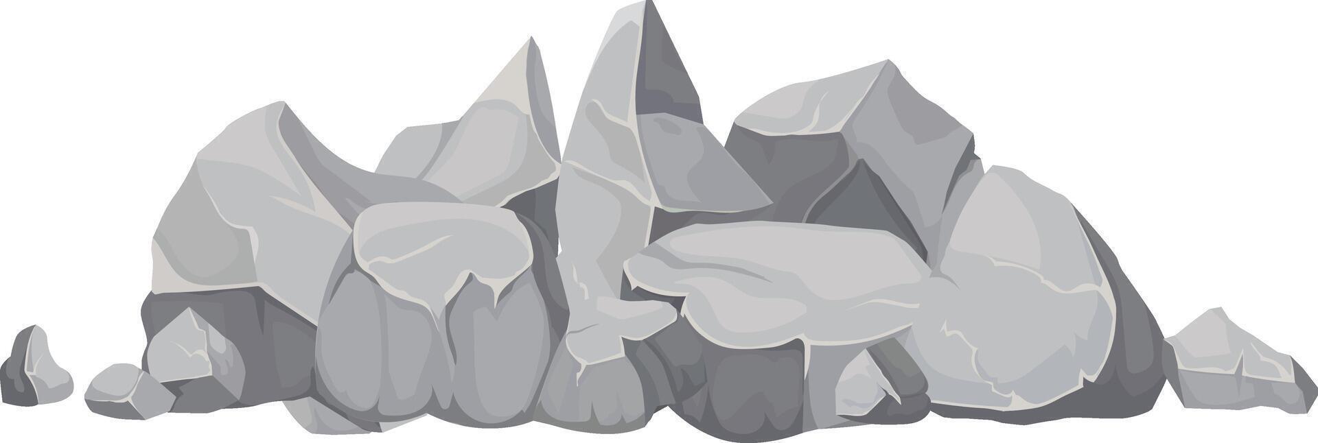 Gray rocks of various shapes and sizes are piled together, creating a natural barrier or obstacle, suggesting a rugged, mountainous terrain or a construction site vector