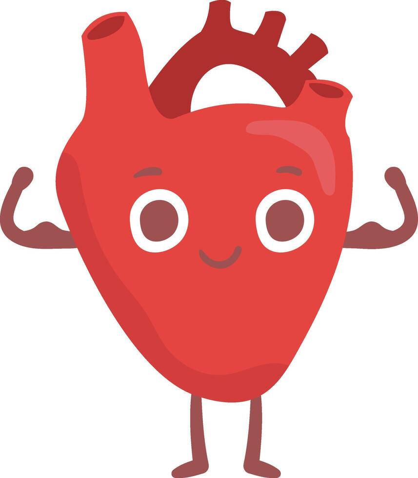 Cartoon illustration featuring a vibrant, smiling heart with strong arm muscles, promoting the importance of cardiovascular health and overall wellness in a fun and engaging way vector