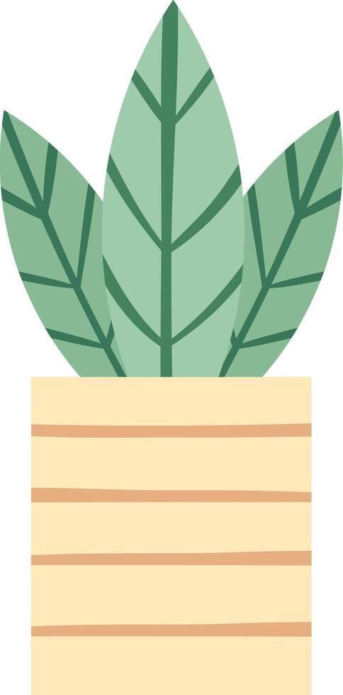 Minimalist illustration of a plant with three large green leaves growing in a light yellow pot with horizontal stripes, representing home decoration and gardening concepts vector