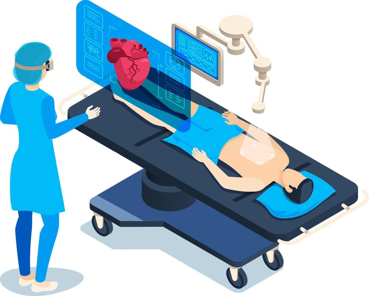 Surgeon wearing a virtual reality headset uses futuristic medical technology to examine a patient's heart, displayed on a holographic screen above the operating table vector