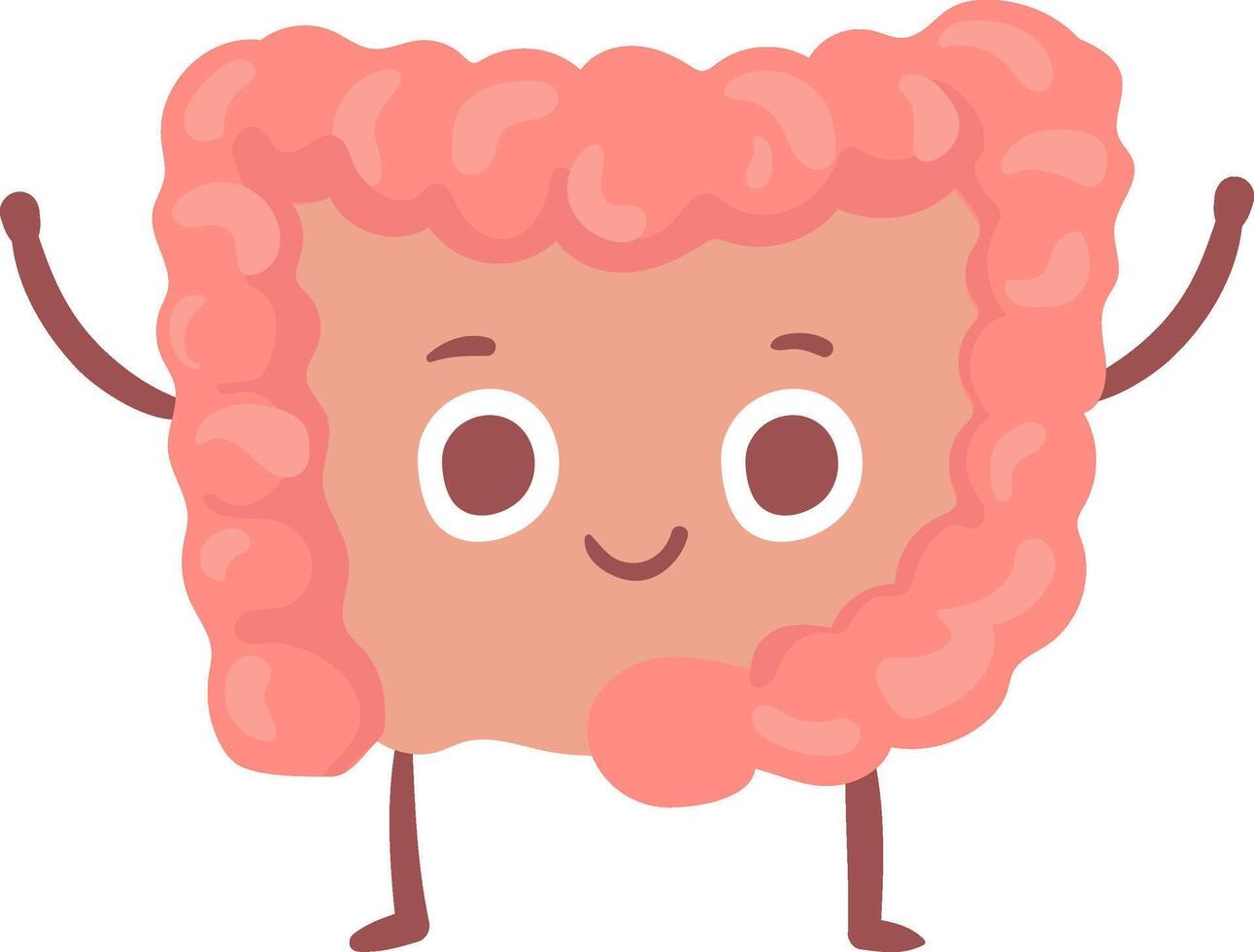 Cartoon illustration featuring a joyful intestine with arms raised high and a big smile, celebrating the importance of digestive health and overall well being in a vibrant, friendly style vector