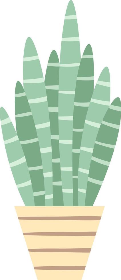 Minimalist illustration of a succulent plant with light green leaves with horizontal stripes growing in a conical striped pot, isolated on a white background vector