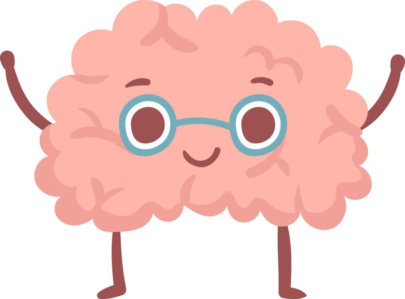 Cartoon illustration of a happy brain wearing glasses raising its arms and smiling, isolated on a white background, promoting mental health awareness and intelligence vector