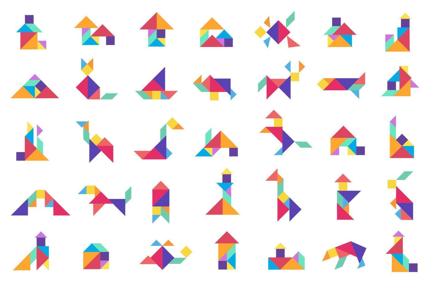 Colorful tangram puzzle shape collection of animals, houses, objects. Educational toy concept, logical brain game. Preschool, learning aid, app icon use. Flat graphic illustration. vector