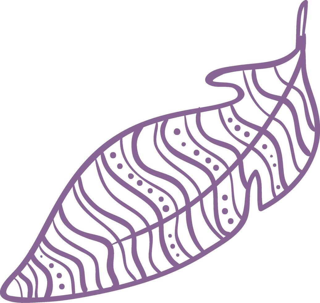 Single purple stylized feather with decorative wavy lines and dots, isolated on a white background, representing concepts like nature, lightness, and decoration vector