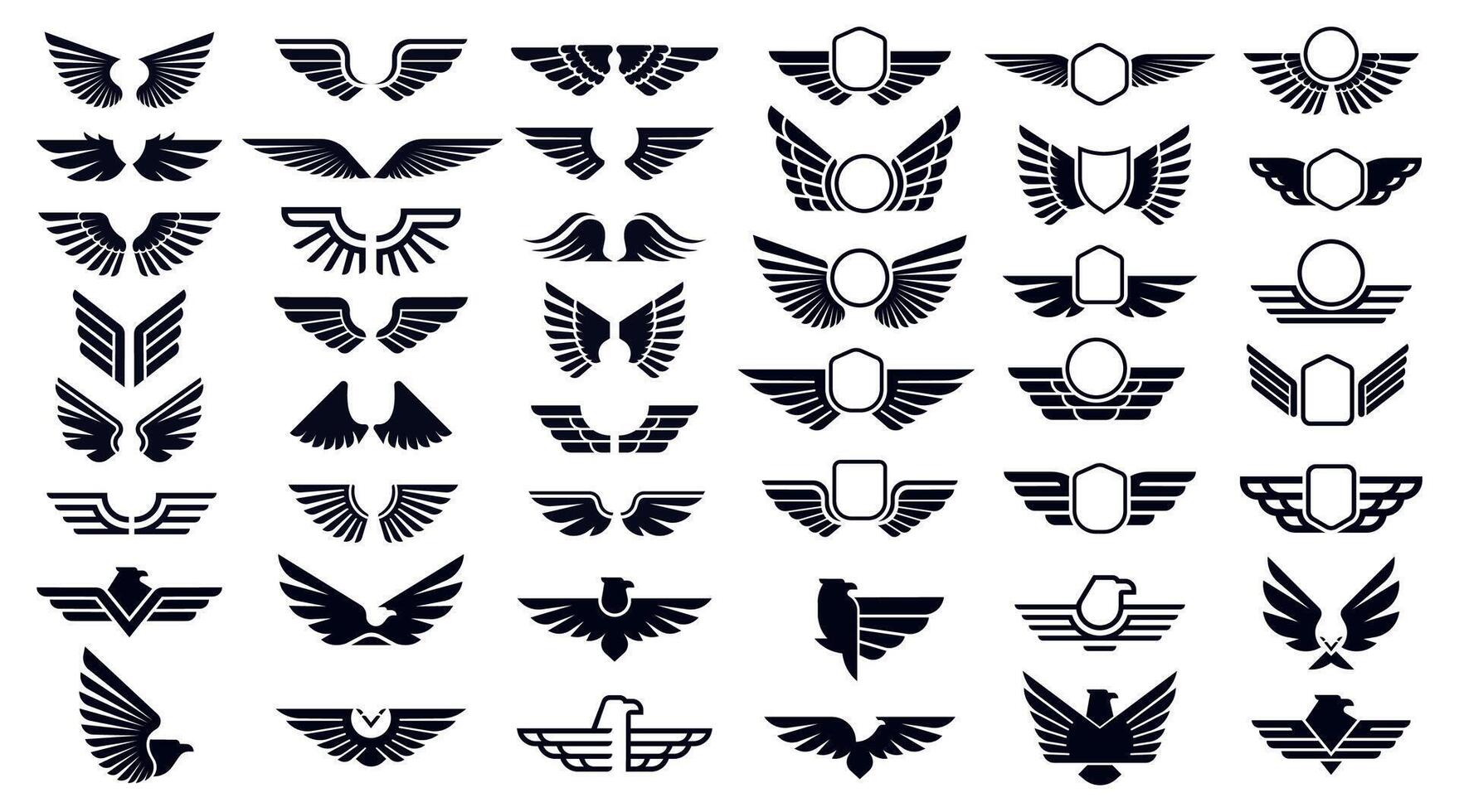 Heraldic wings and eagles emblems in variety of styles symbolizing flight, honor and strength. Shields, birds and abstract forms suitable for logos, aviation and retro insignias. illustration vector