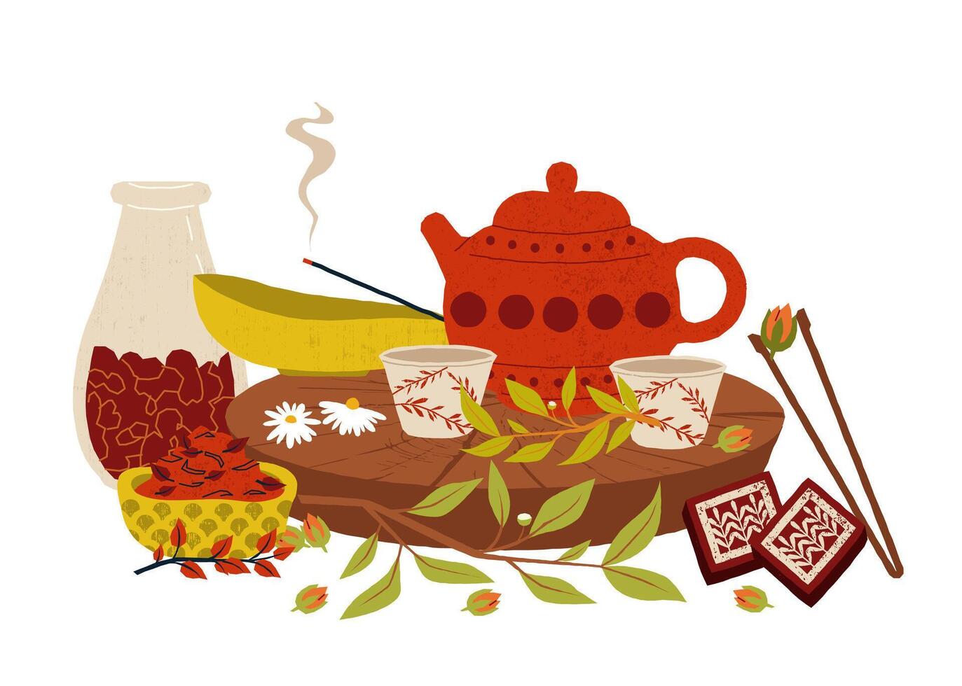Traditional chinese tea ceremony. Red teapot with floral cups, herbs and incense, dried flowers and sweets for calming tea ritual. Herbal relaxation moment. Cartoon style. illustration vector