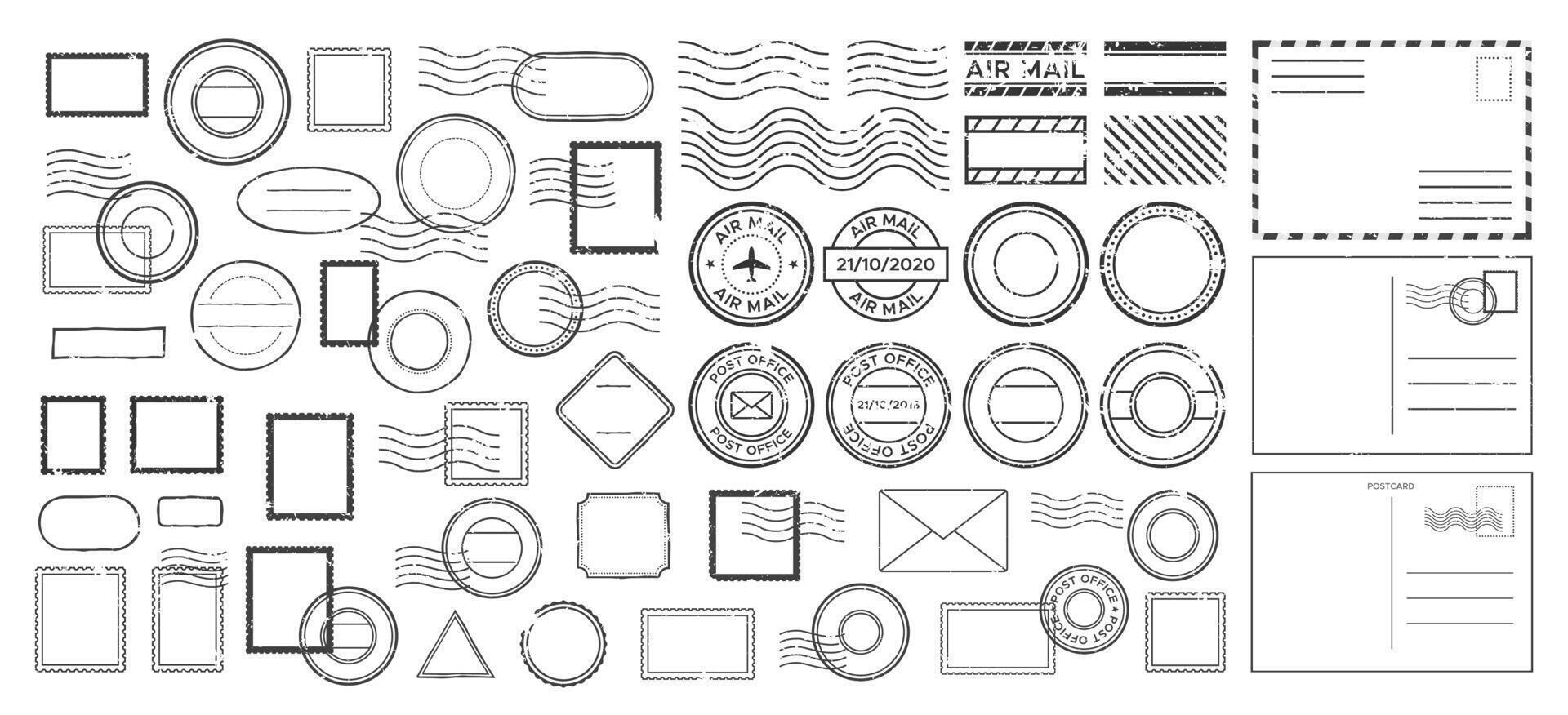 Retro postmarks, stamps, envelopes and airmail signs, postcard outlines. Vintage postal theme, post office badges textured grunge ink. Collection for postal and shipping design. template pack vector