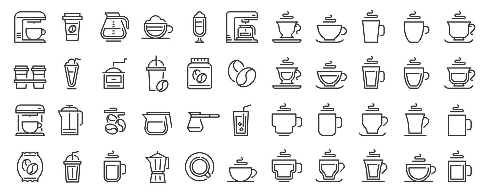 Coffee icon set with line style cups, mugs and machines, brewing tools, beans and takeaway cups. Coffee shops. Minimal outline design for branding, apps menus. Flat modern illustration vector