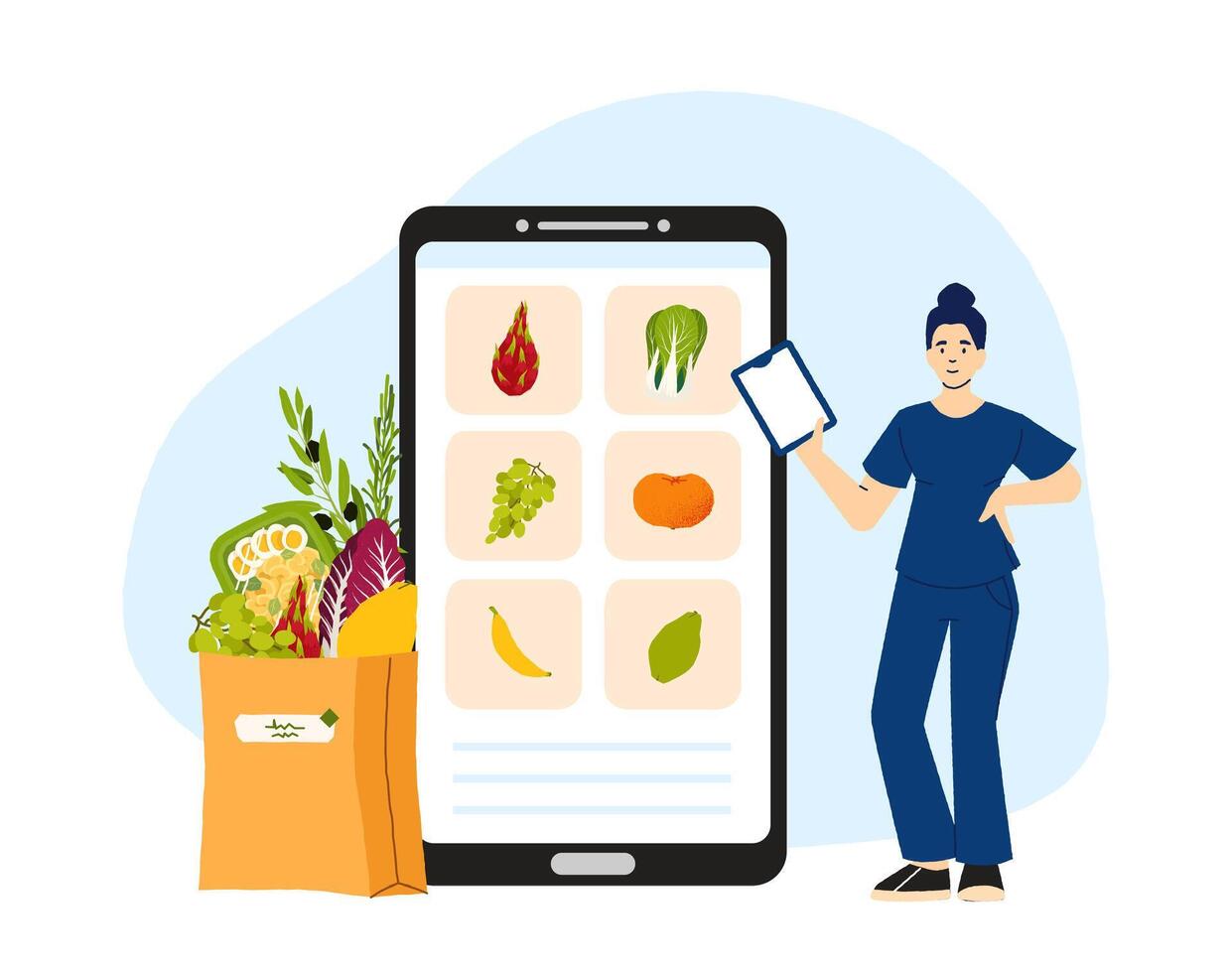 Nutritionist holding clipboard and showing smartphone with grocery items on screen, suggesting healthy food choices for balanced diet. Online food delivery. Flat cartoon illustration vector
