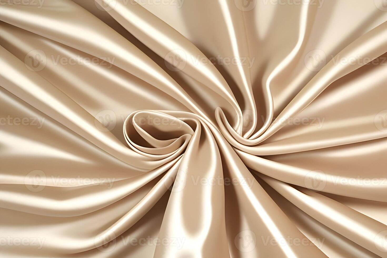 Elegant beige satin fabric features luxurious swirls that create a beautiful texture, perfect for a background. The smooth drape adds to its sophisticated appeal. photo