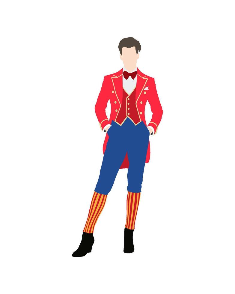 Flat art people and illustration, ringmaster in red coat and blue trousers vector