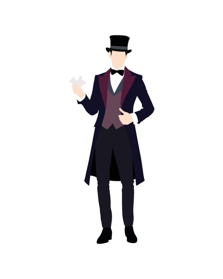 Flat art people and illustration, magician in formal attire holding playing cards vector