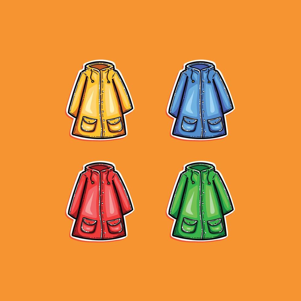 Illustration of four raincoats in vivid colors set against a solid orange background, showcasing diverse styles and highlighting seasonal fashion themes and artistic design elements. vector