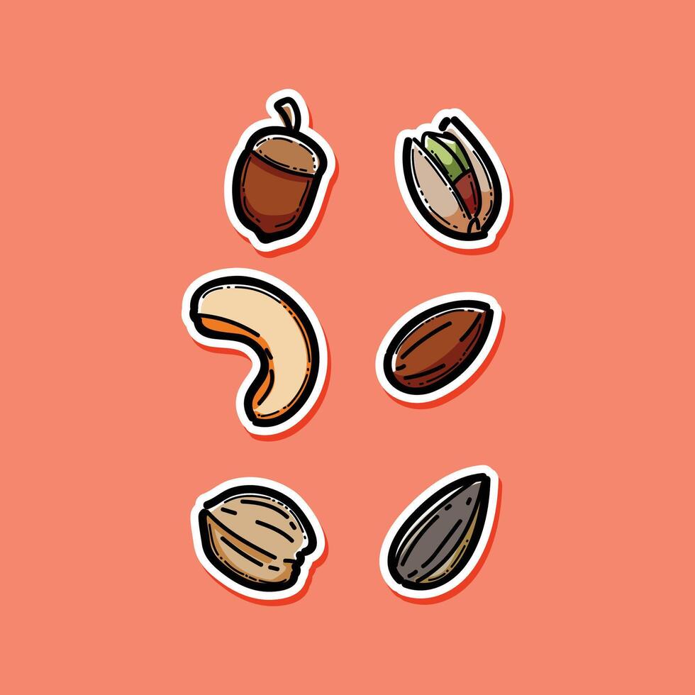 Colorful illustrated stickers of nuts, including acorns, pistachios, cashews, and almonds, on a vibrant background. vector