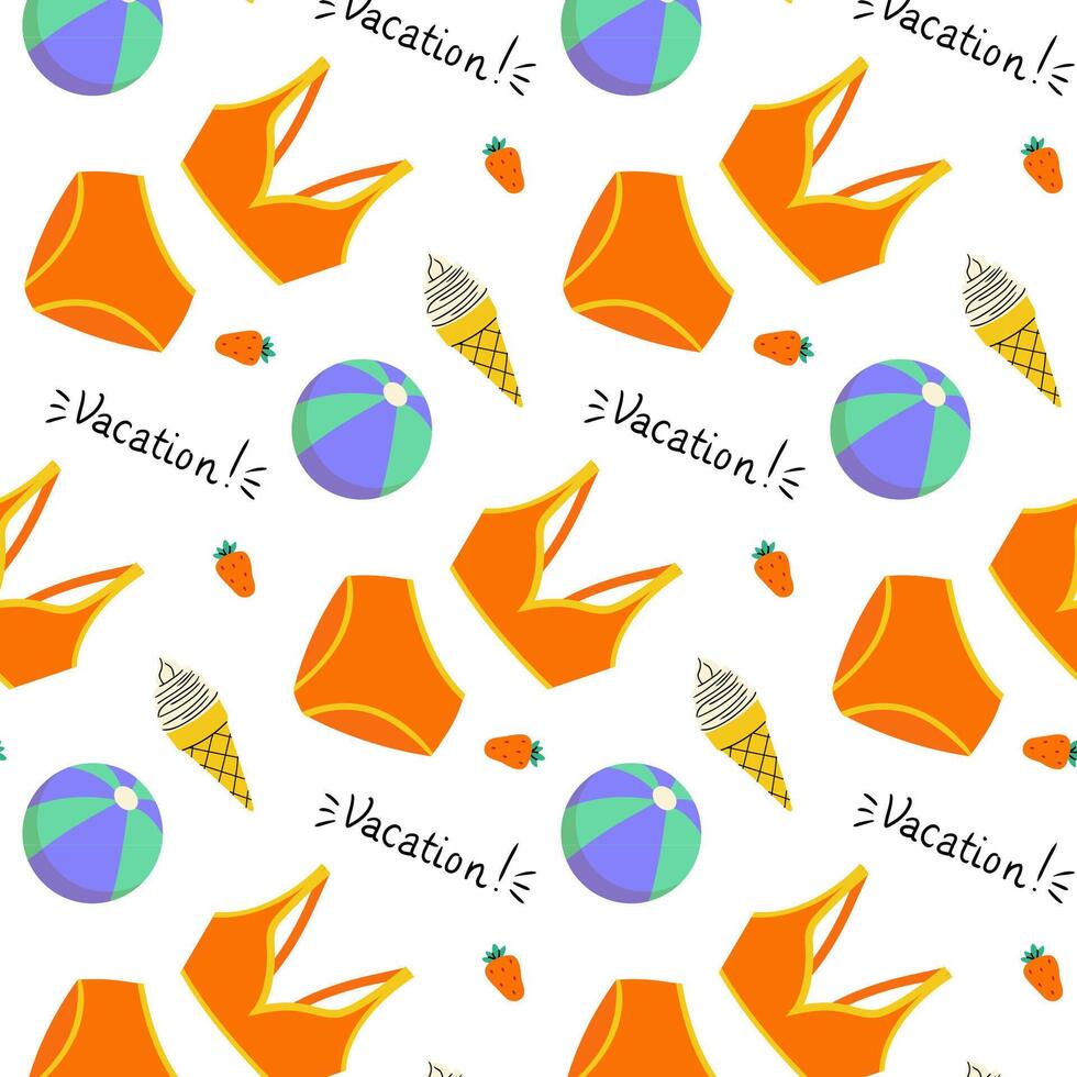 Bright summer vacation pattern with swimsuits, ice cream, and beach balls for a fun atmosphere vector