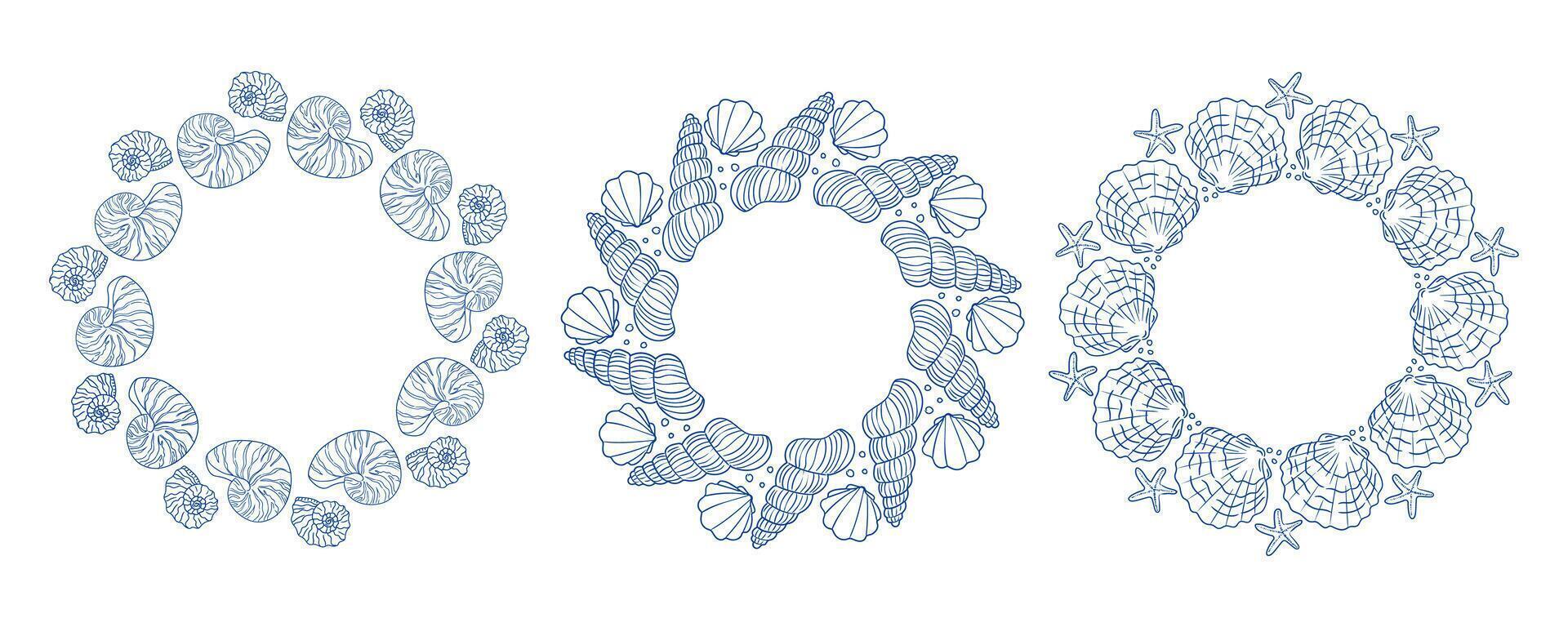 Decorative design featuring a cowrie shell surrounded by starfish in a circular pattern vector