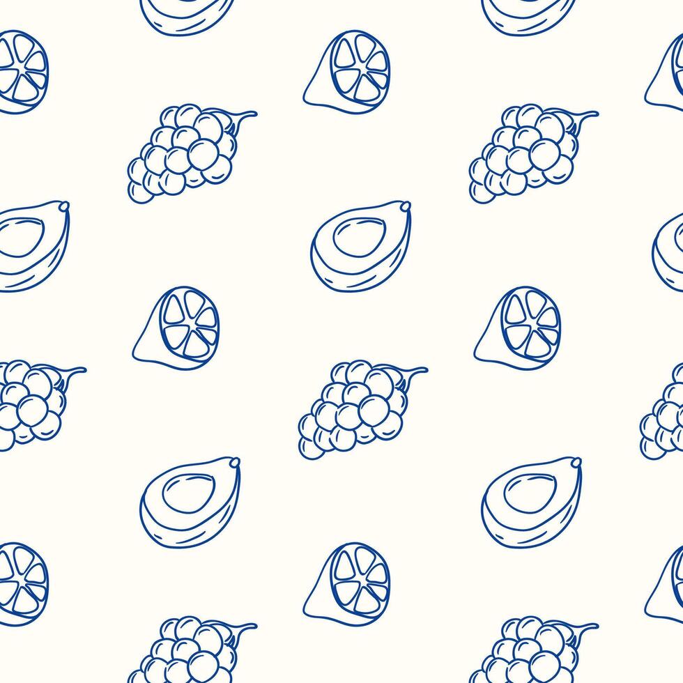 Repeated pattern of fruit and avocado sketches on light background vector