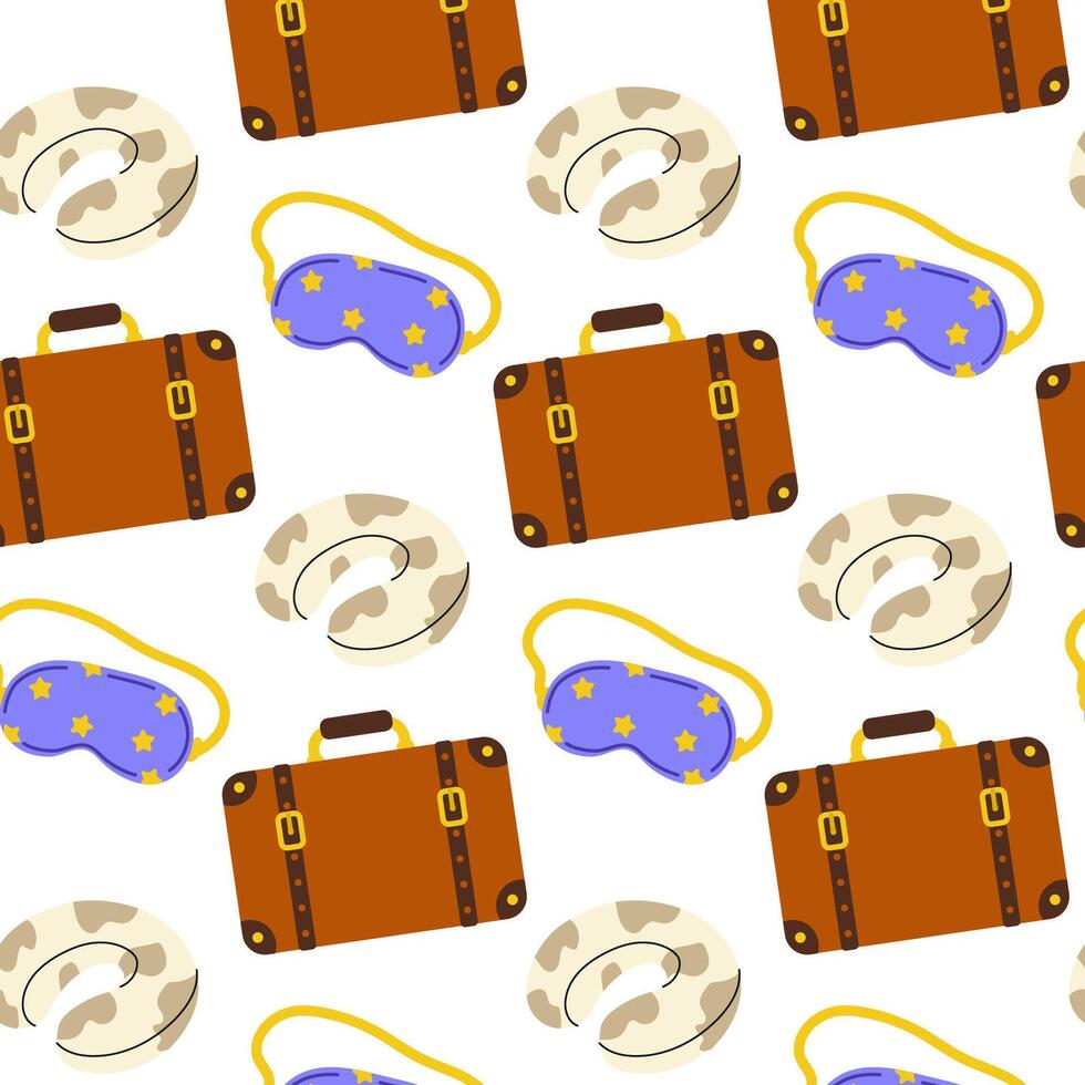 Travel accessories pattern featuring suitcases, eye masks, and pillows for comfort vector