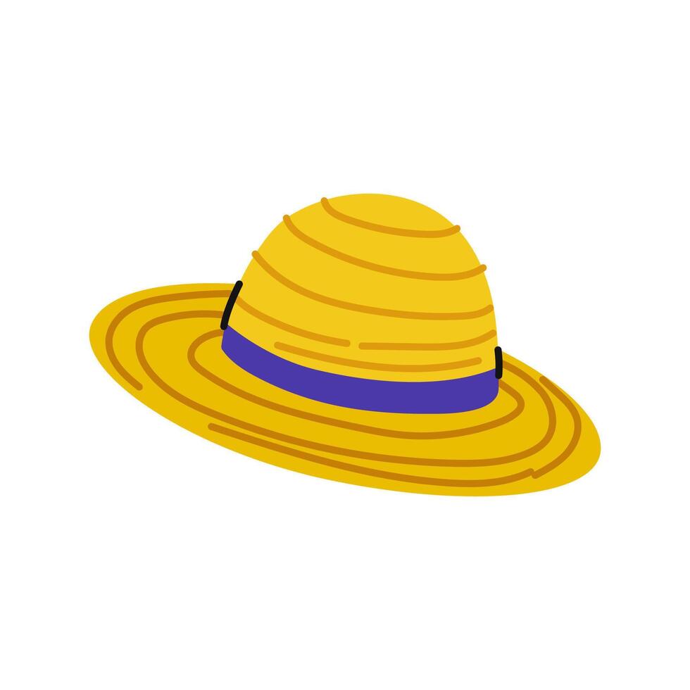 Bright yellow straw hat with blue ribbon on display for summer activities and fashion vector