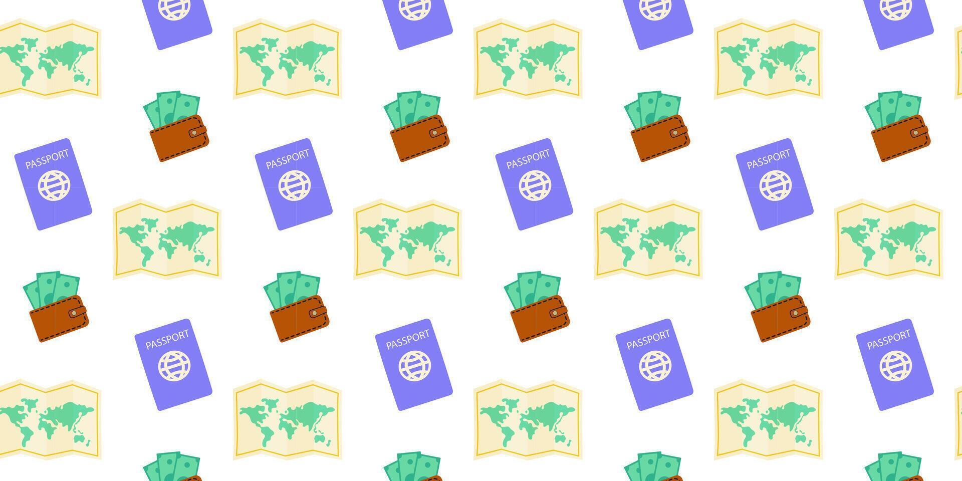 Travel essentials displayed with maps, money, and passports arranged in a colorful pattern vector