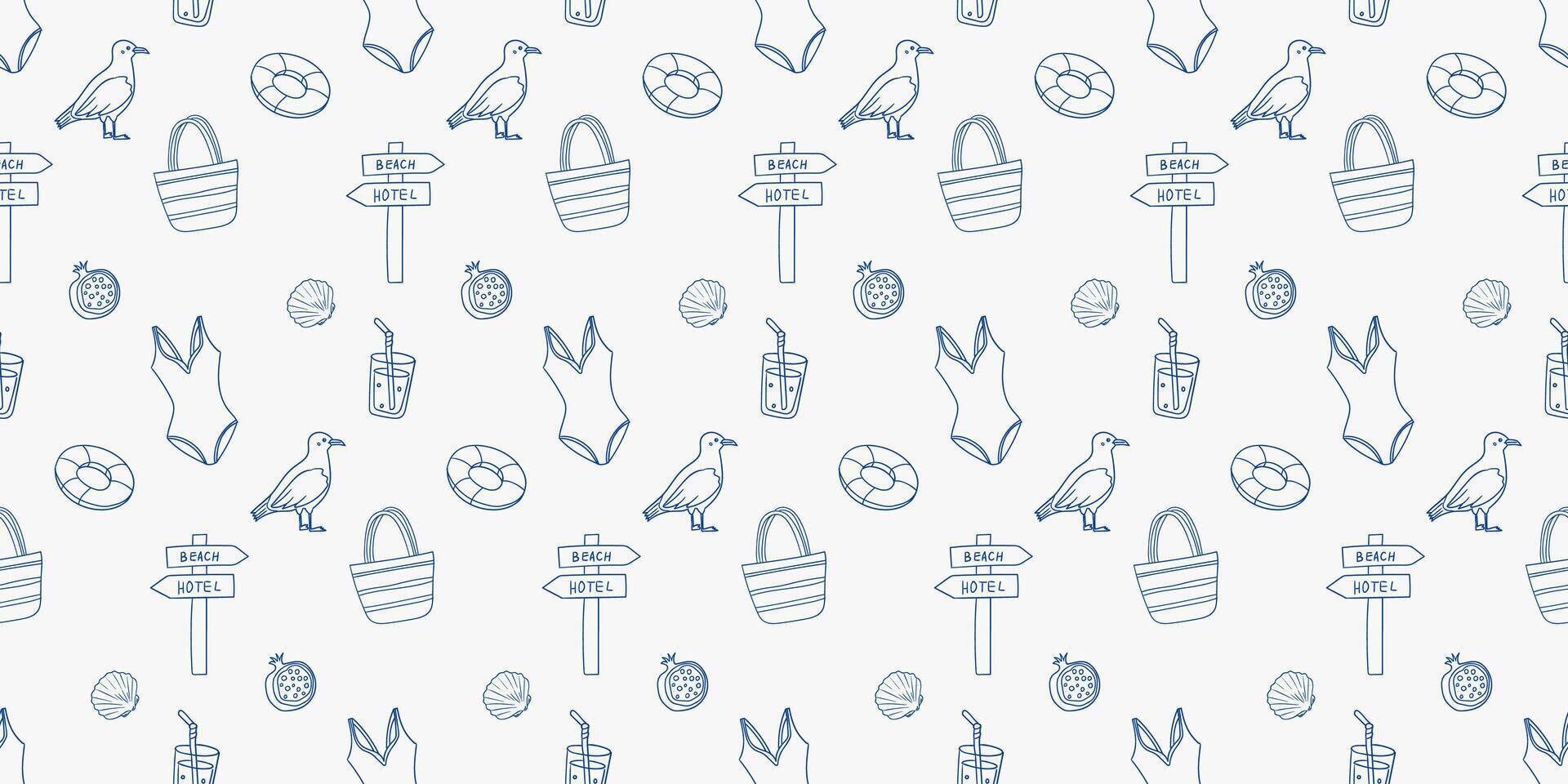 Pattern featuring beach and hotel icons with a coastal theme in calm blue tones vector