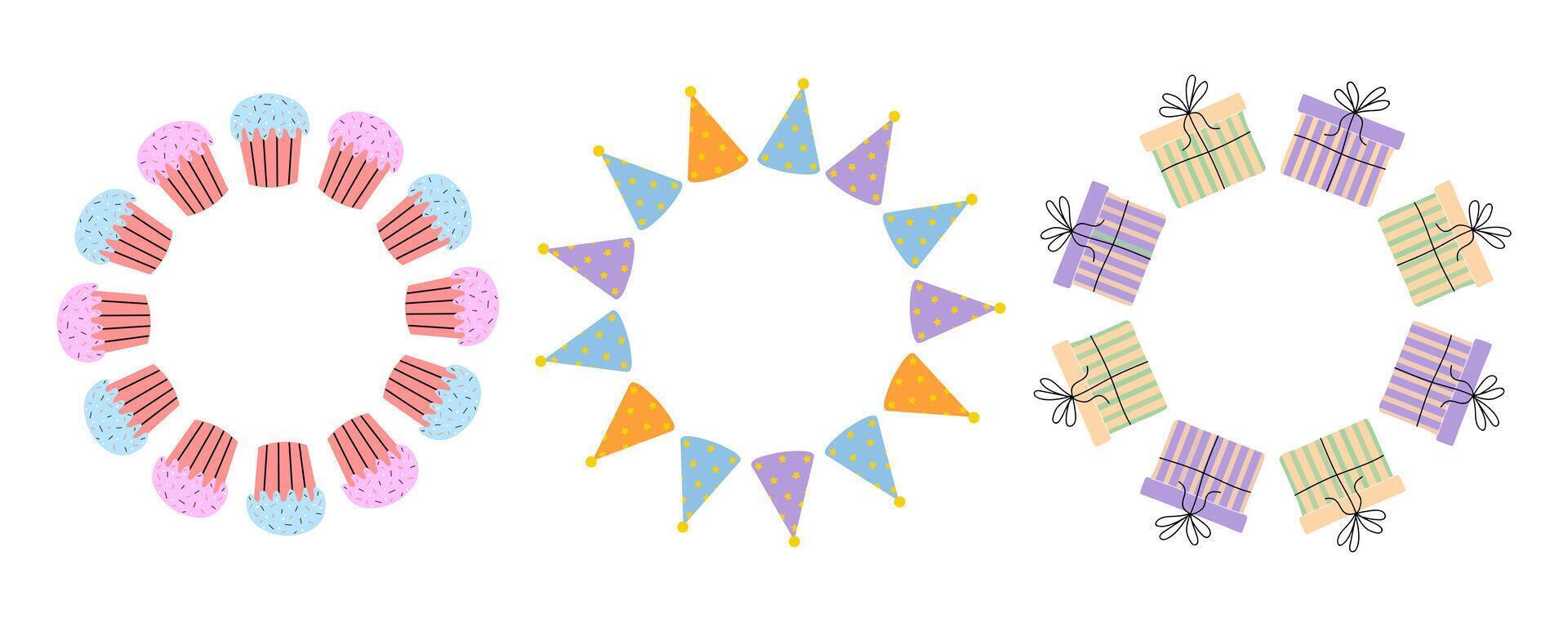 Colorful circular decorations featuring cupcakes, party hats, and gift boxes for celebration vector