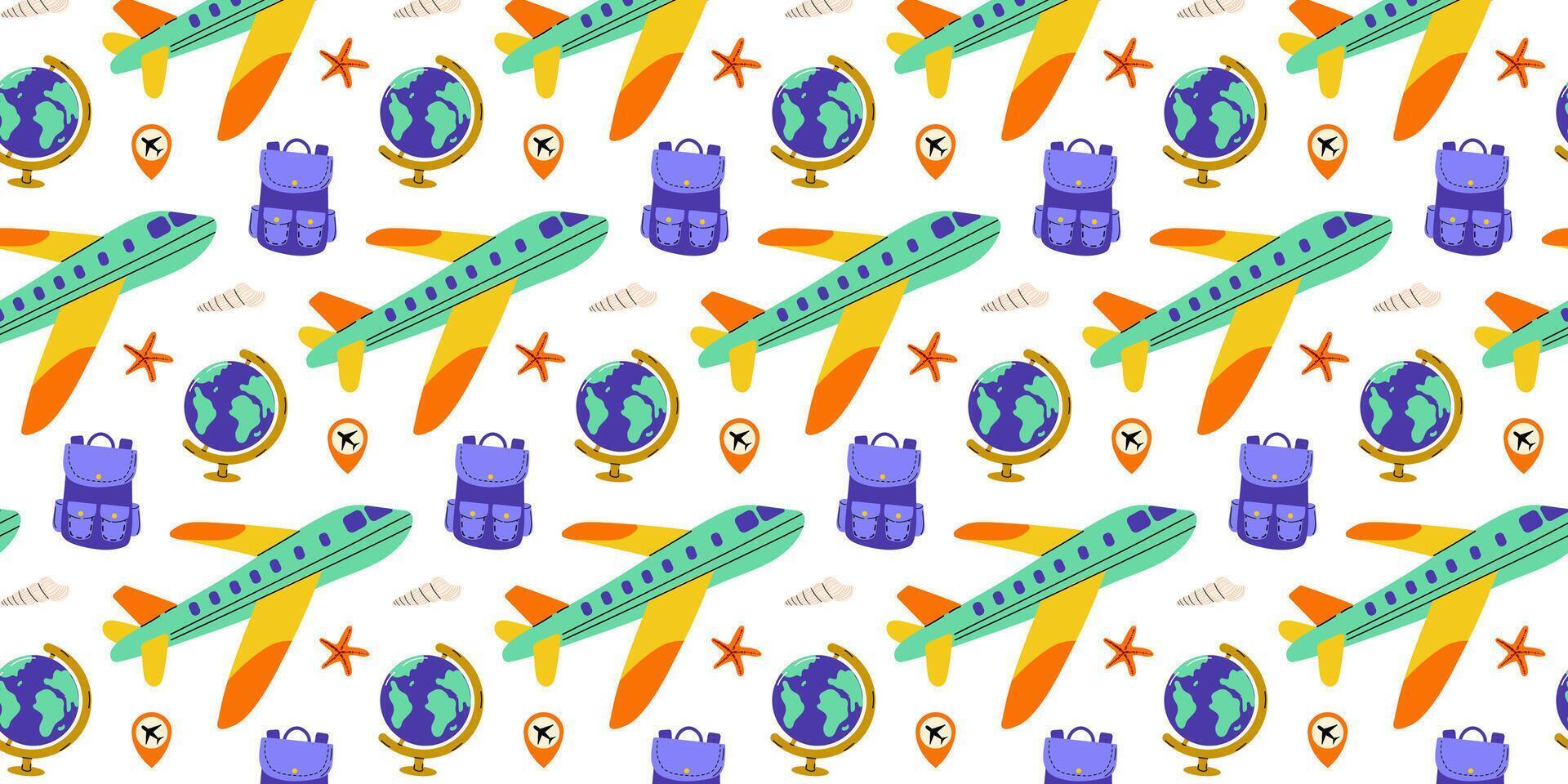 Colorful travel pattern featuring planes, globes, and suitcases on a bright background vector