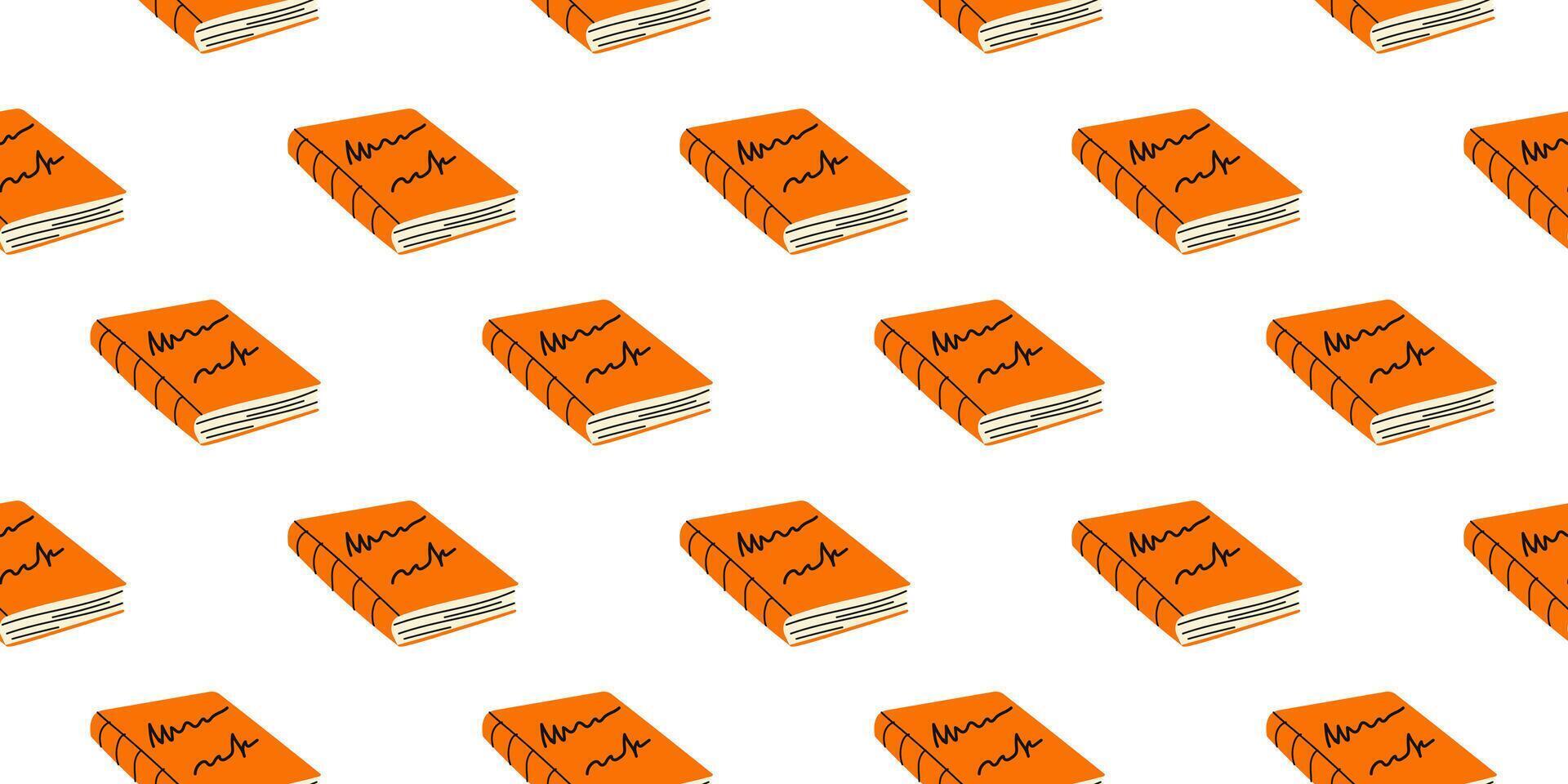 Pattern of bright orange books with heartbeat graphics on a white background vector