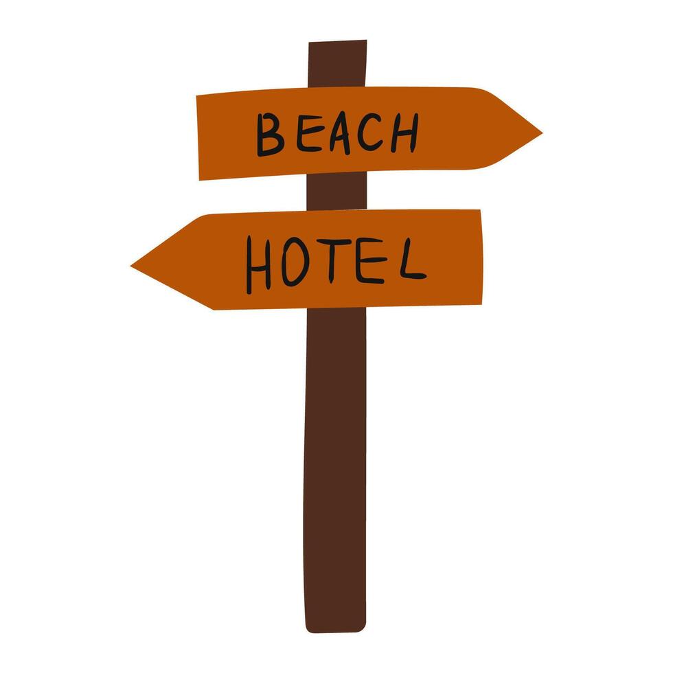 Directional wooden signpost indicating beach and hotel locations vector
