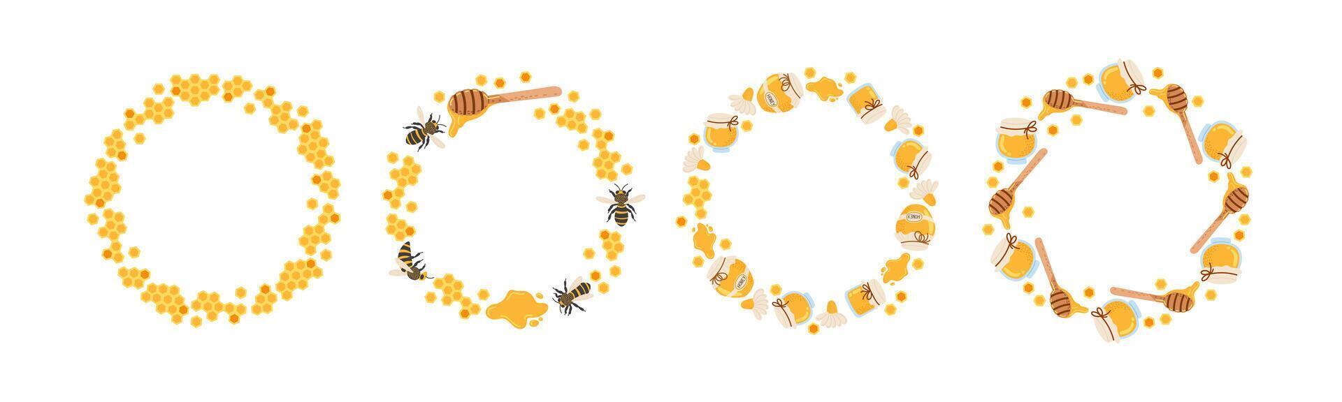 Decorative honey-themed circles featuring bees and honey jars for crafts and design vector