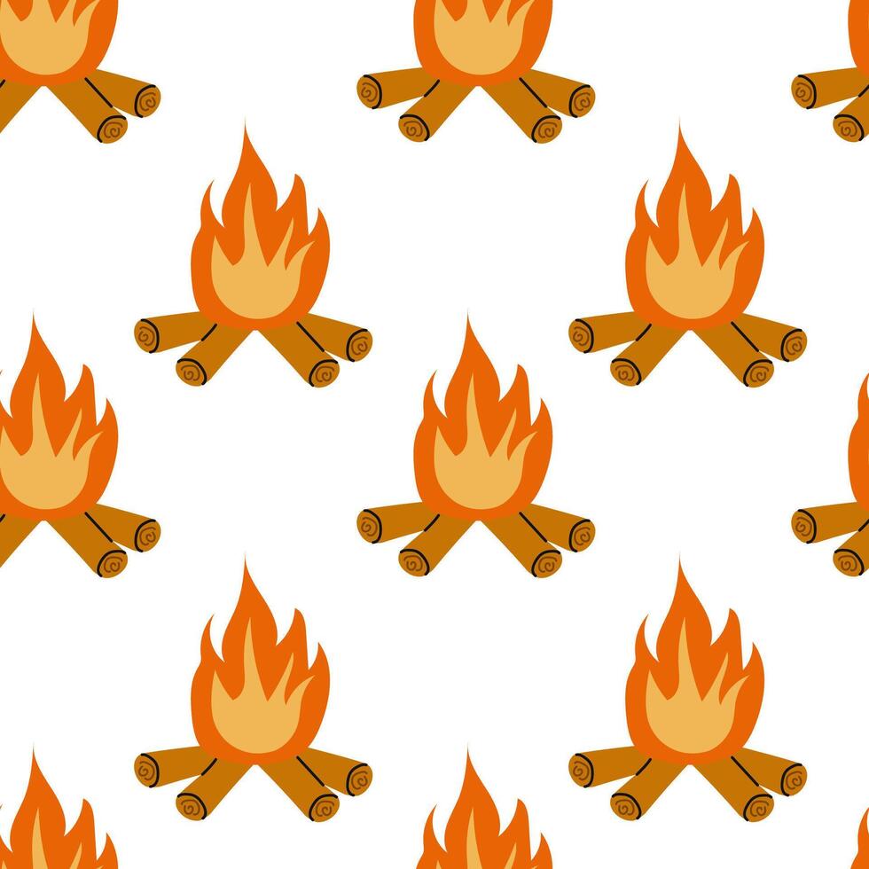 Pattern of campfires with flames and logs on a white background for decorative use vector