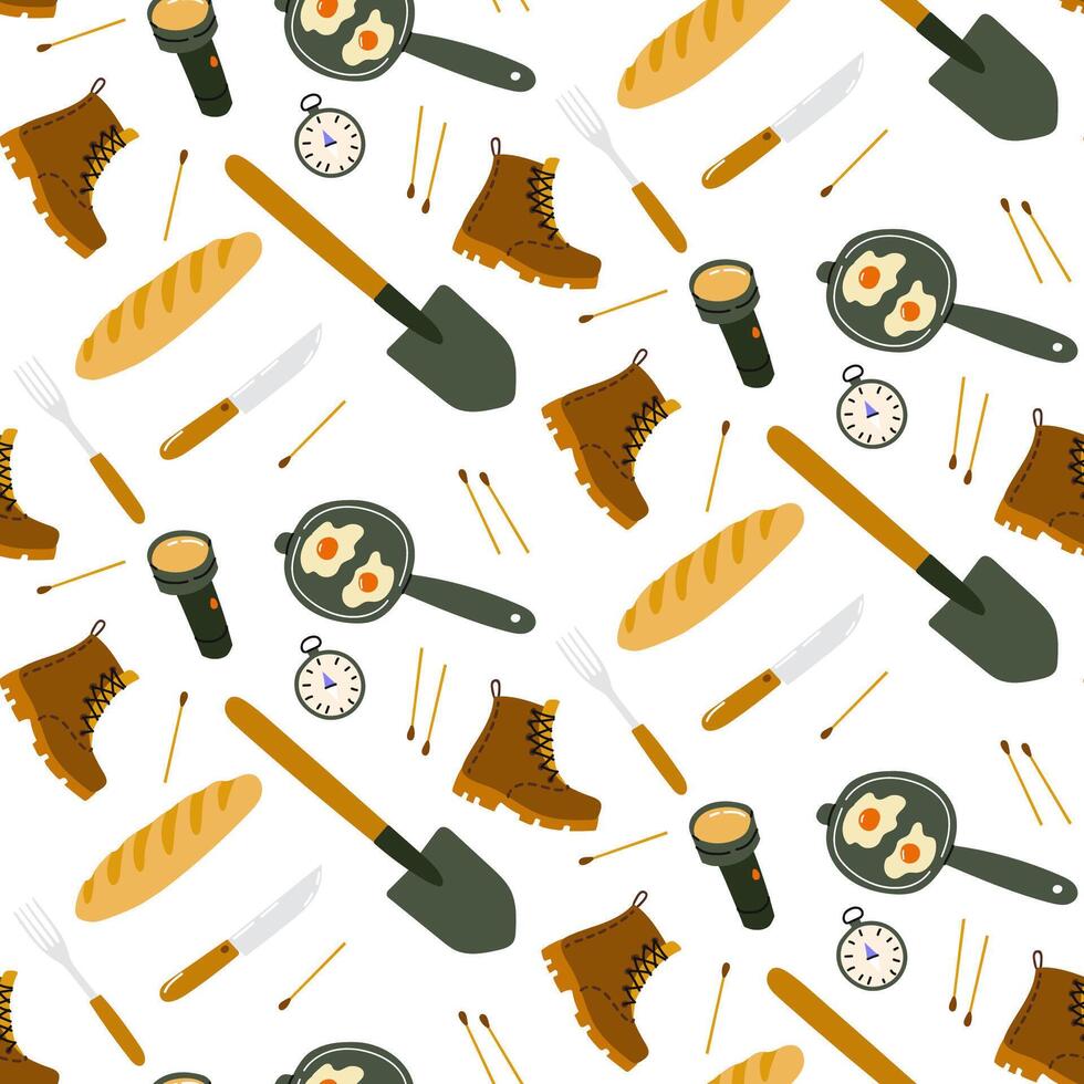 Outdoor cooking and hiking gear arranged neatly on a white background vector