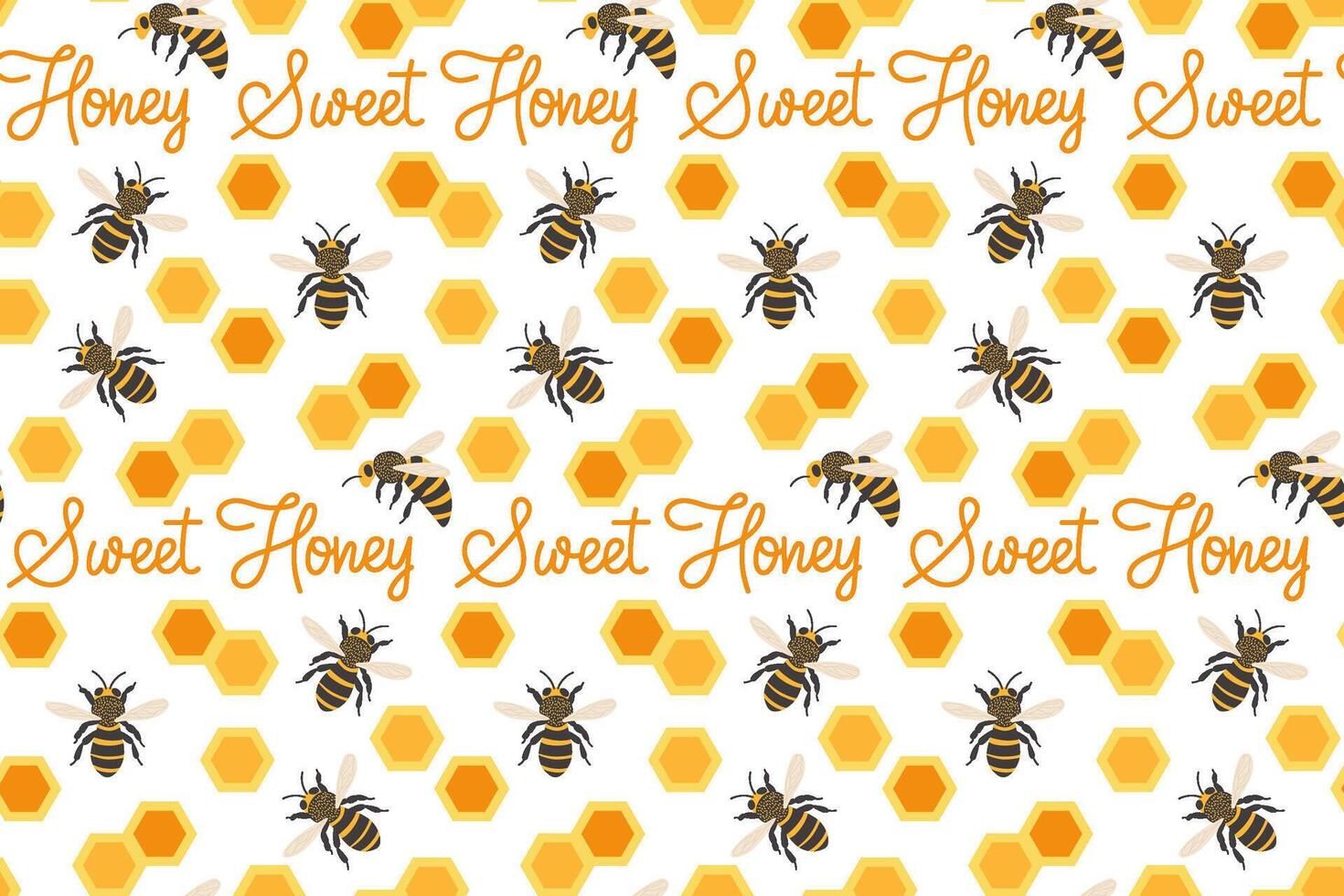 Honey bees gather around a vibrant pattern of hexagonal honeycomb and playful text vector