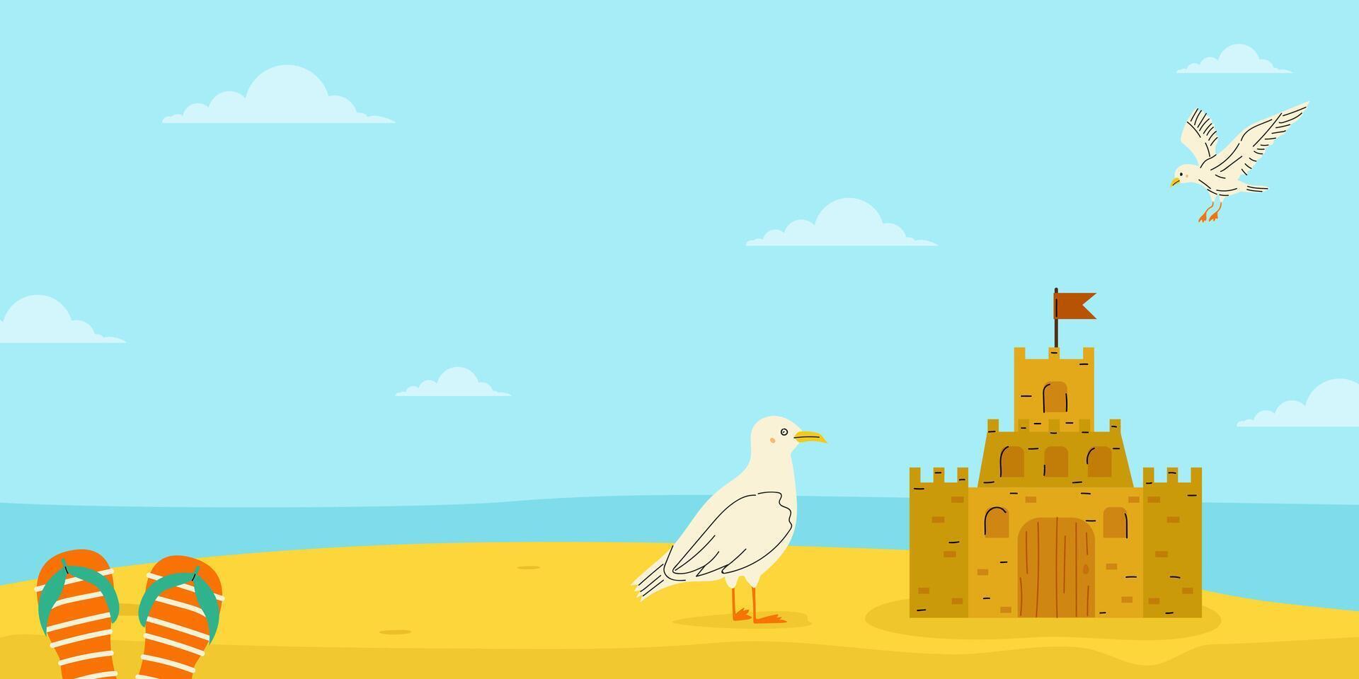 Creative sandcastle on a sunny beach with a seagull and flip-flops nearby vector