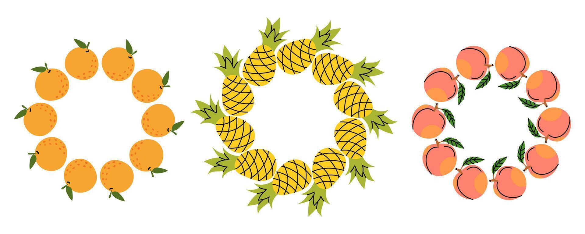 Fruit wreath designs featuring oranges, pineapples, and peaches for festive decorations vector