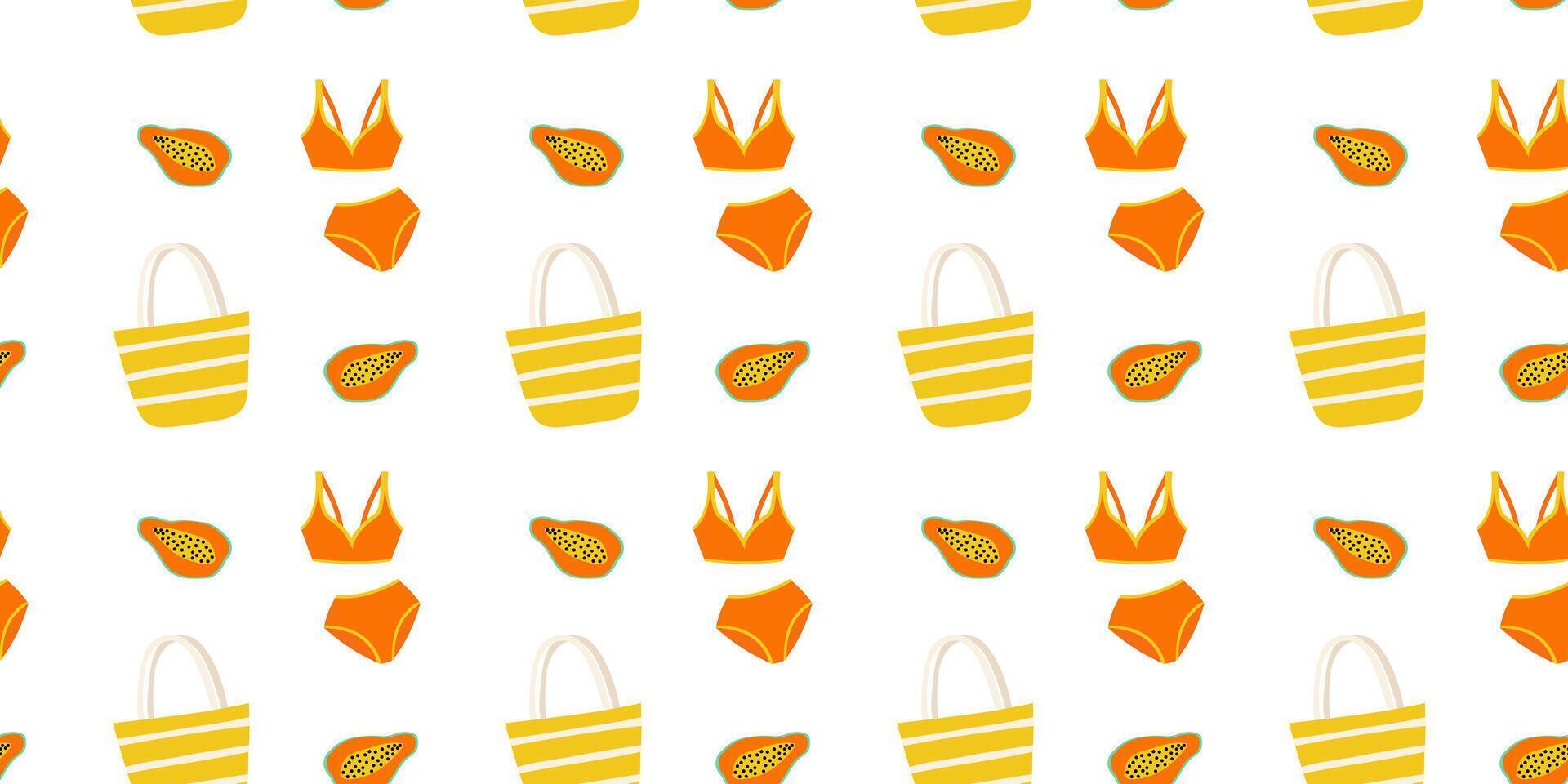 Summer pattern featuring swimwear and tropical fruit designs in bright colors vector