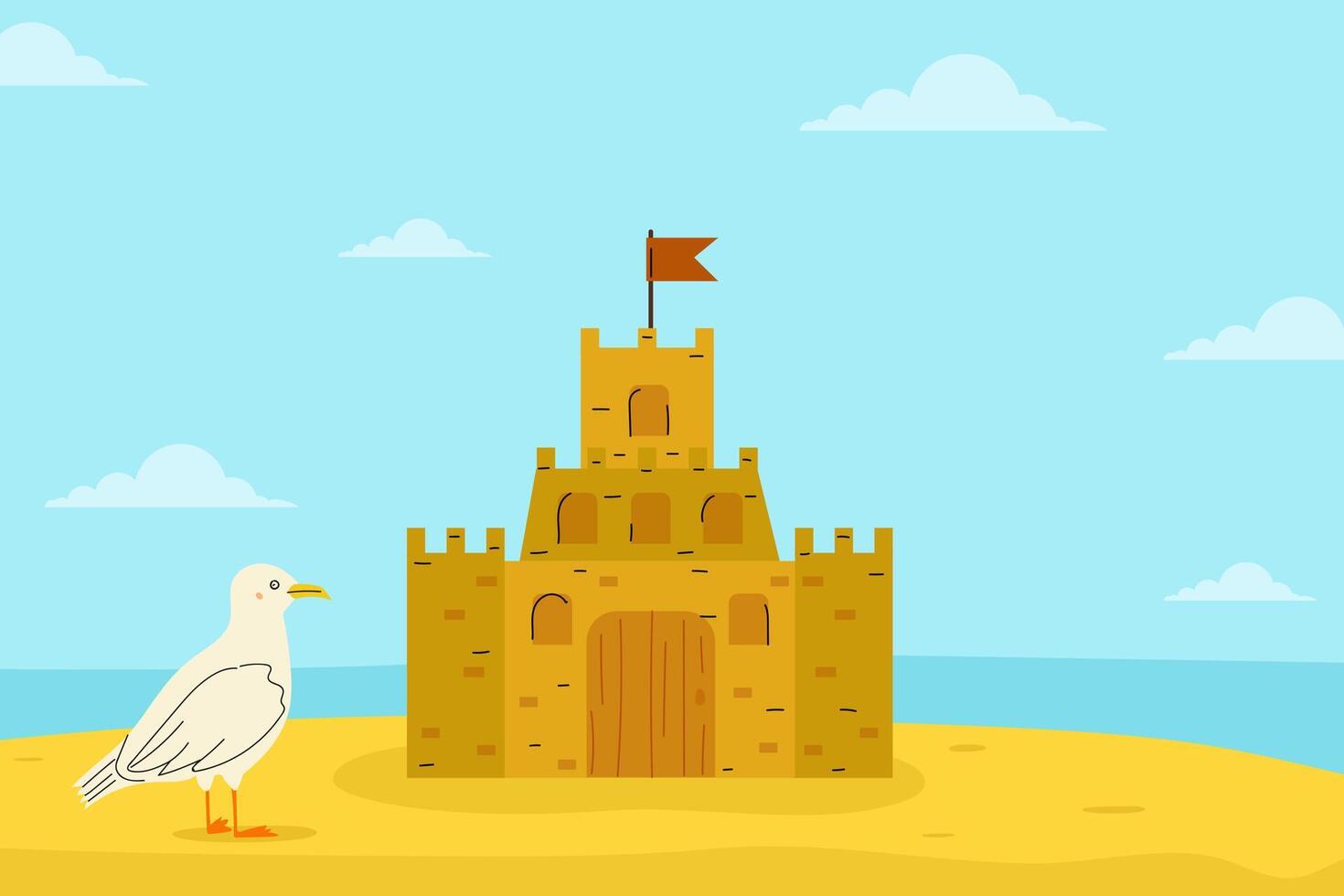 Sand castle on a sunny beach with a seagull standing nearby vector