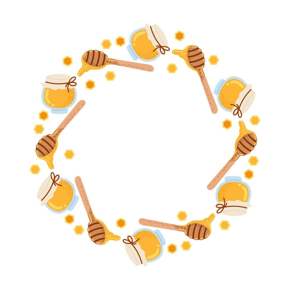 Circular arrangement of honey jars and dipper sticks on white background vector