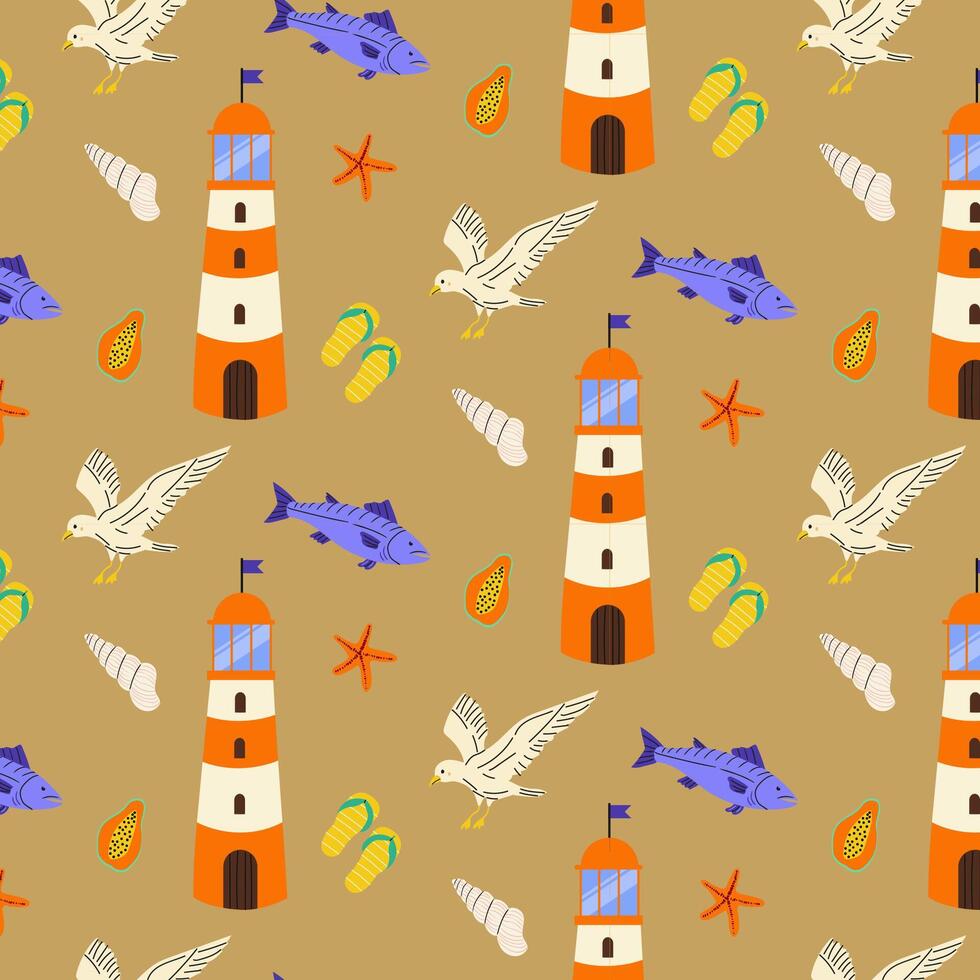 Colorful coastal pattern featuring lighthouses, seashells, and marine life on a sandy background vector