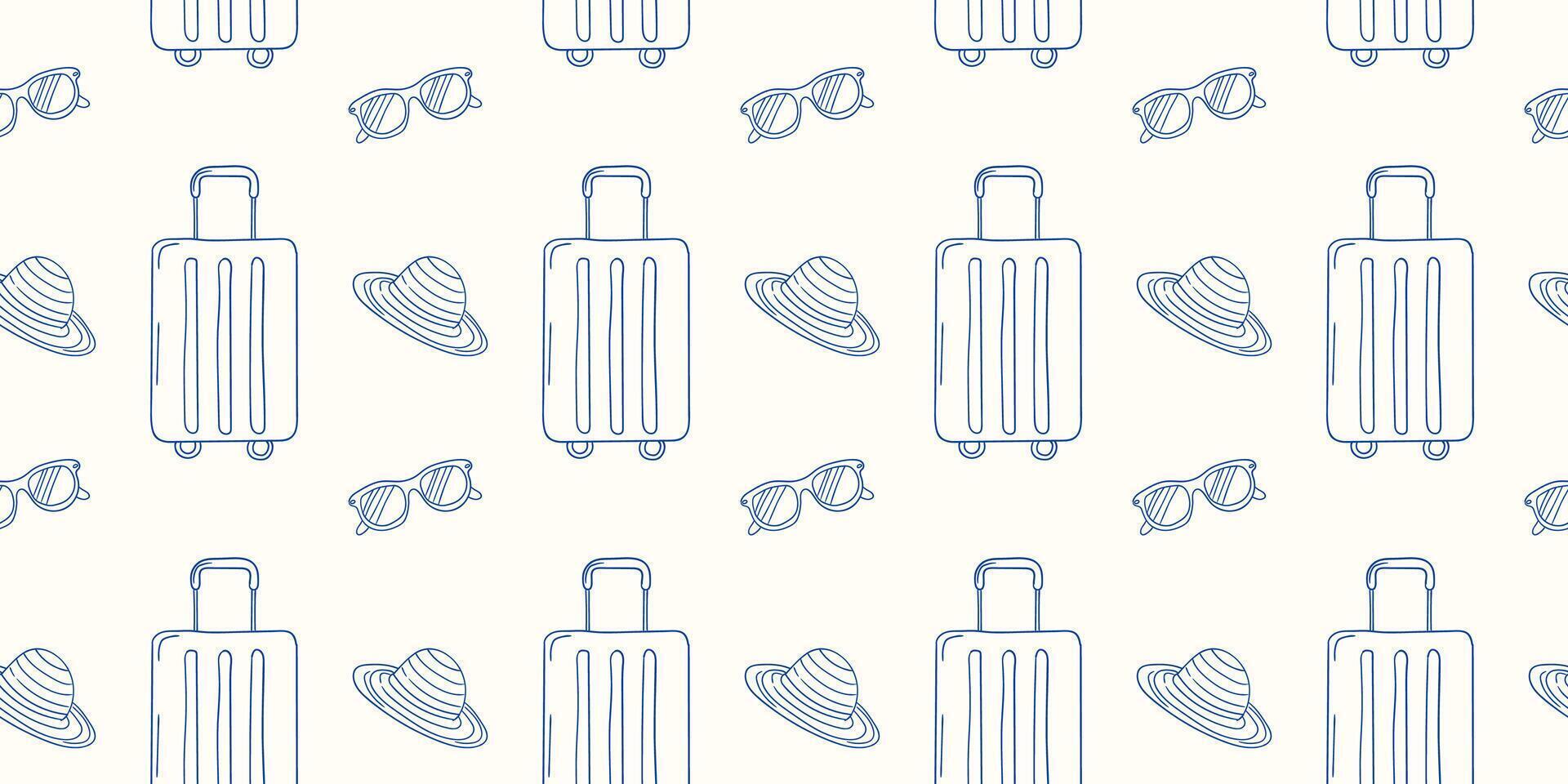 Travel essentials pattern featuring luggage, sunglasses, and hats for summer adventures vector