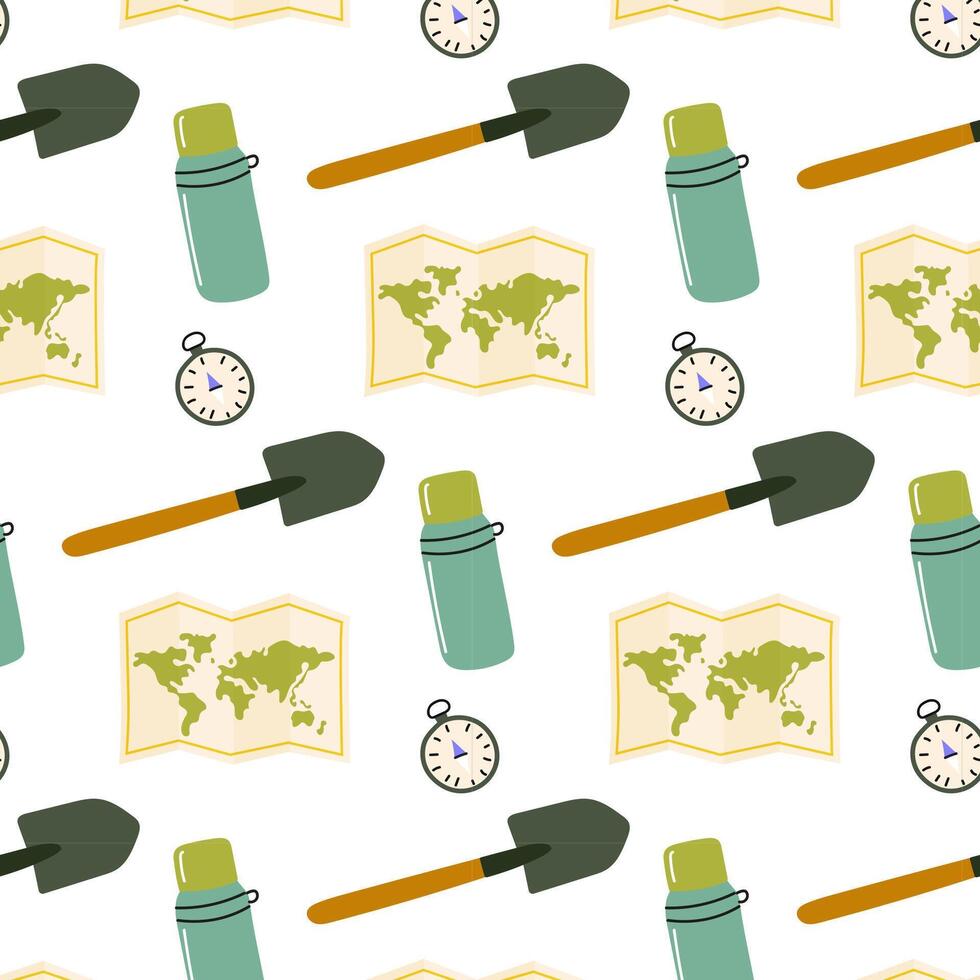 Outdoor adventure tools pattern with maps, timers, and shovels suitable for various explorations vector