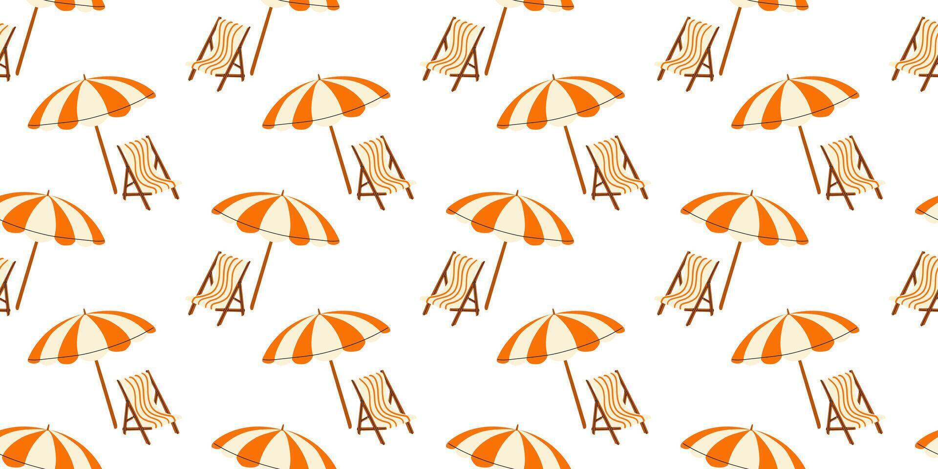 Bright and cheerful beach umbrellas and lounge chairs decorate a sunny summer day by the shore vector