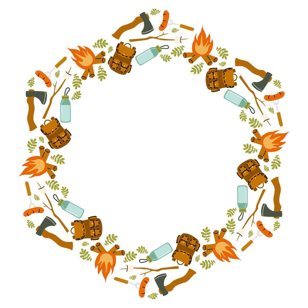 Camping themed decorative border featuring outdoor elements for fun activities vector