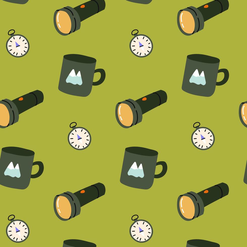 Pattern featuring adventure gear like flashlights, mugs, and watches in a green background vector