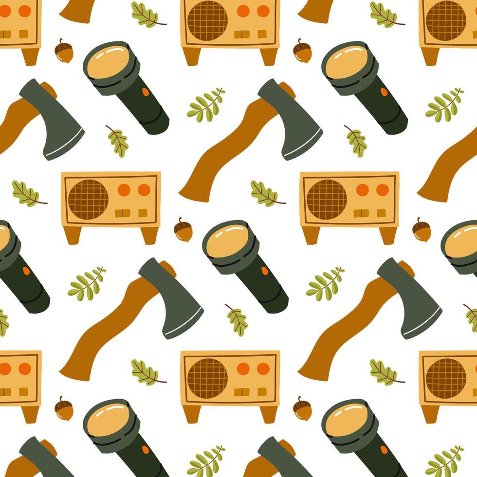 Patterns featuring flashlights, axes, and equipment in a whimsical design vector