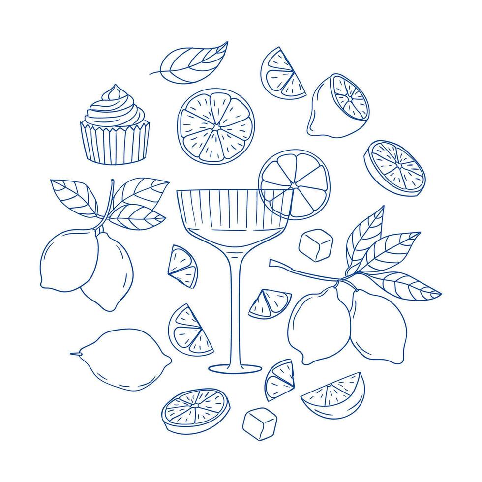 Citrus-themed illustration featuring drinks, desserts, and fresh fruits in a circular design vector