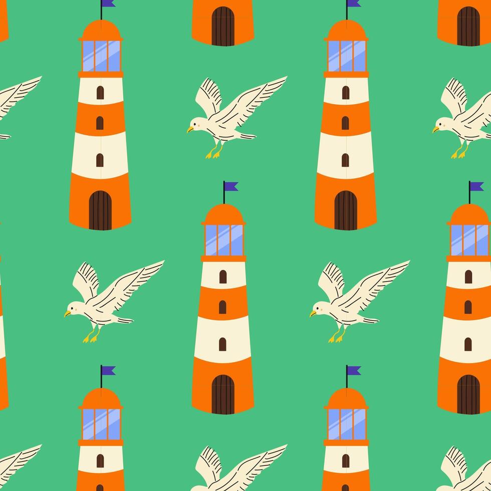 Colorful lighthouse and seagull pattern on bright background with whimsical design elements vector